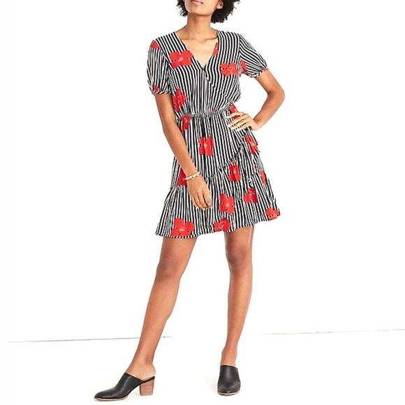 Madewell - Mini Ruffle Wrap Dress, Striped Floral - Size 00, Black, White, Red - Picture 4 of 16